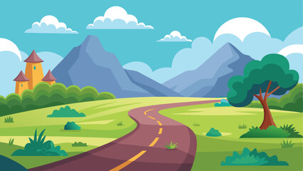 Cartoon Landscape Road Leading to Castle with Mountains and Clouds in the Sky