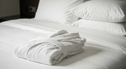 Folded white bathrobe on a neatly made hotel bed with pillows