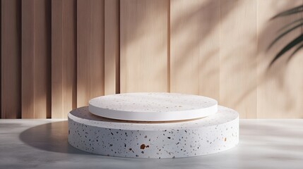 Round white terrazzo podium with a wood panel background, soft shadow, and soft light