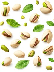 PNG Pistachio nuts and leaves on white