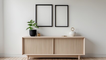 Light Beige Wooden Cabinet Minimalist Interior Black Frames Green Plant Gold Decor White Wall