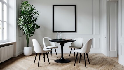 Minimalist Dining Room White Chairs Black Table Green Plant Wooden Floor image
