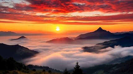 Obraz premium A breathtaking sunrise with intense orange and red clouds stretching across the sky, the Carpathian peaks in silhouette, mist clinging to the valleys, the sun just emerging over the horizon.