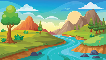 Obraz premium Cartoon Landscape Featuring a Winding River, Mountains, Trees, and Blue Skies Above