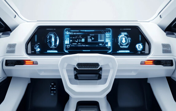 White futuristic concept car dashboard with sleek digital displays and advanced control panels isolated on transparent background PNG