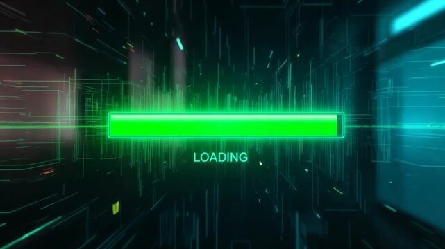 Animated Green Loading Bar Progressing in a Futuristic Digital Environment