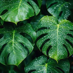 Fototapeta premium Close-up of lush green monstera leaves covered in dew drops, showcasing their natural texture and freshness in a tropical setting.