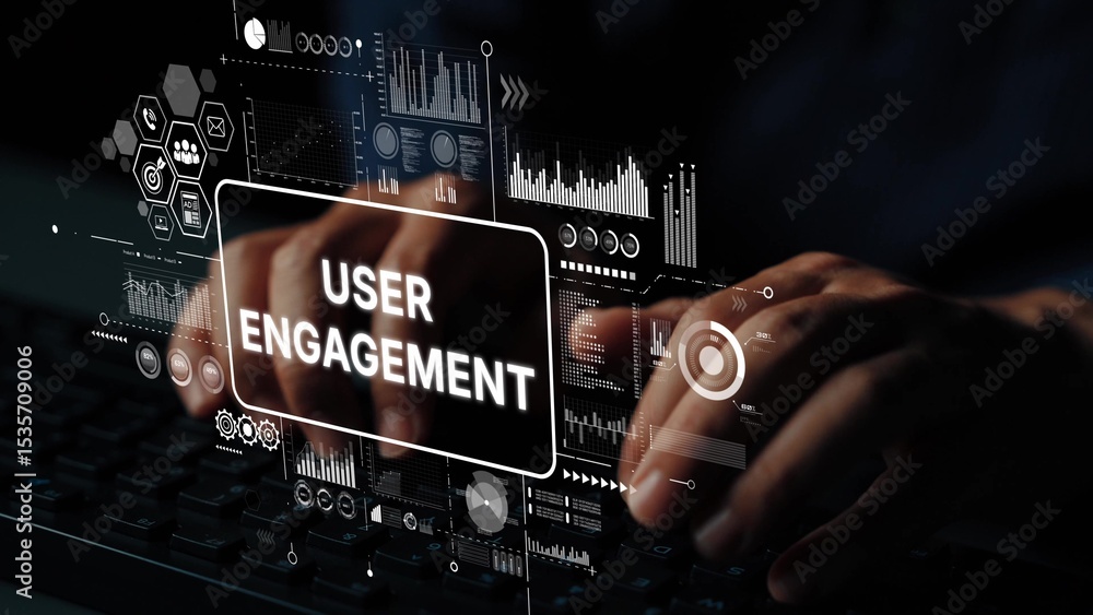 Fototapete Hands Typing on a Keyboard with User Engagement Concepts and Data Visualization Graphics in a Dark Environment. Asymptotic smart data analytic.
