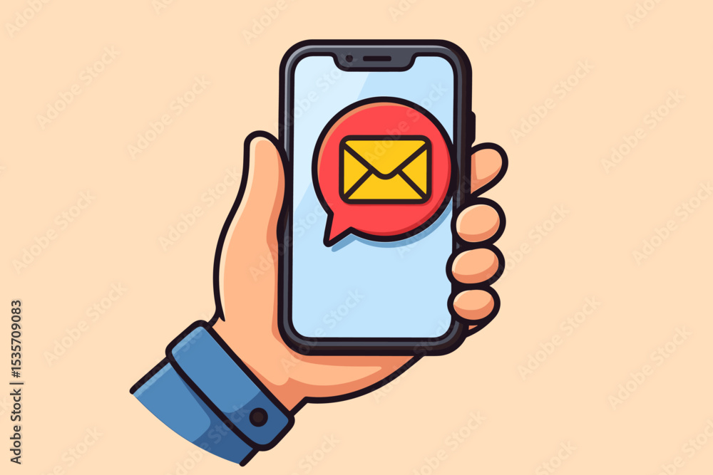 Poster hand holding smartphone with new email message alert. vector icon for communication app with notific