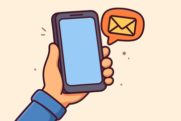 Hand holding smartphone with new email notification icon. Mobile phone with message in speech bubble. Communication technology concept. Vector illustration for apps or web design.