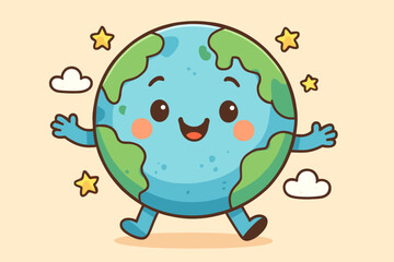 Cute walking Earth planet character. Kawaii cartoon globe mascot for Earth Day. Happy smiling world illustration for kids. Ecology and environment conservation concept vector art.