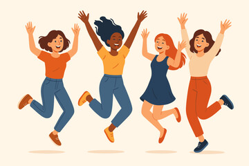 Diverse group of happy young women jumping and celebrating. Concept of female friendship, girl power, success, freedom, and togetherness. Multiethnic friends having fun. Vector.