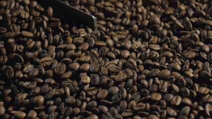 Metal scoop pouring roasted coffee beans in a