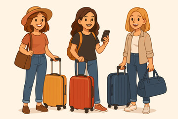 Happy young female friends traveling together with luggage. Group of women tourists on vacation or holiday journey. Girl using smartphone. Travel, tourism, adventure concept vector.