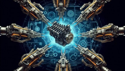 Multiple robotic arms around a central holographic blueprint of