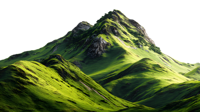 Vibrant green mountain landscape with textured grassy slopes illuminated by bright sunlight depicting nature's beauty and scenic views