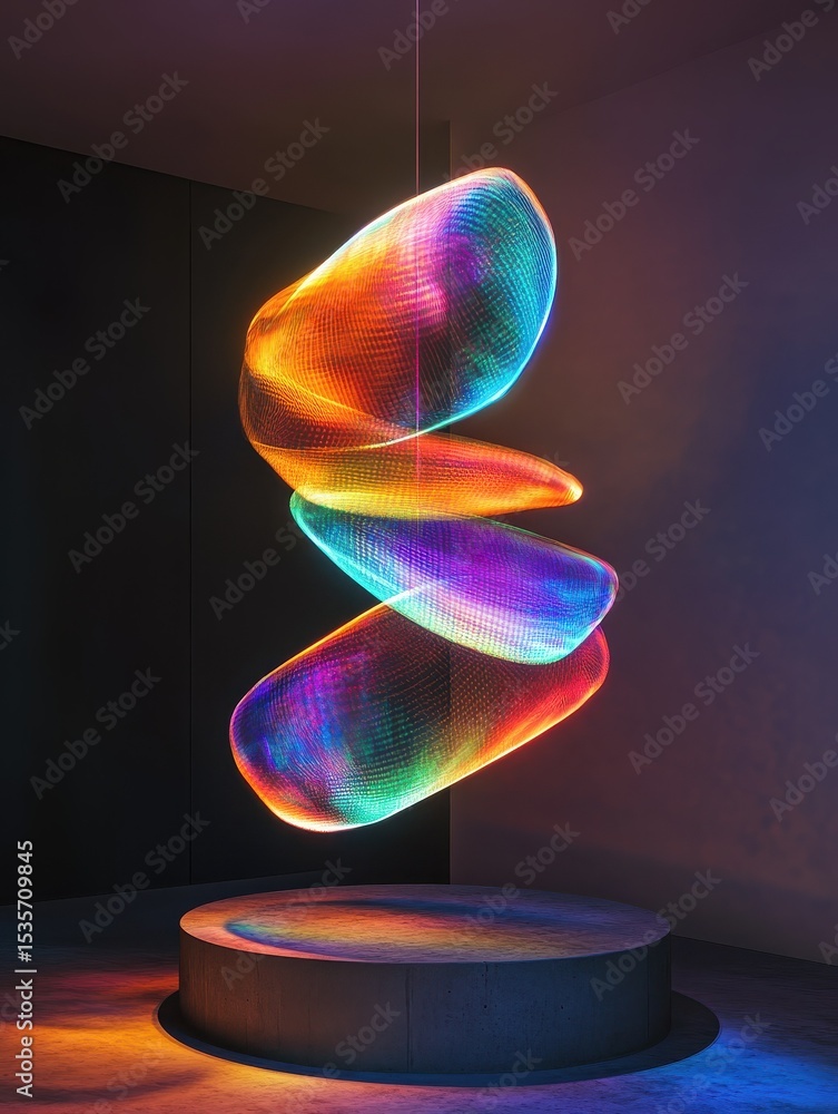 Aufkleber a holographic installation displaying a rotating abstract form suspended in mid-air.