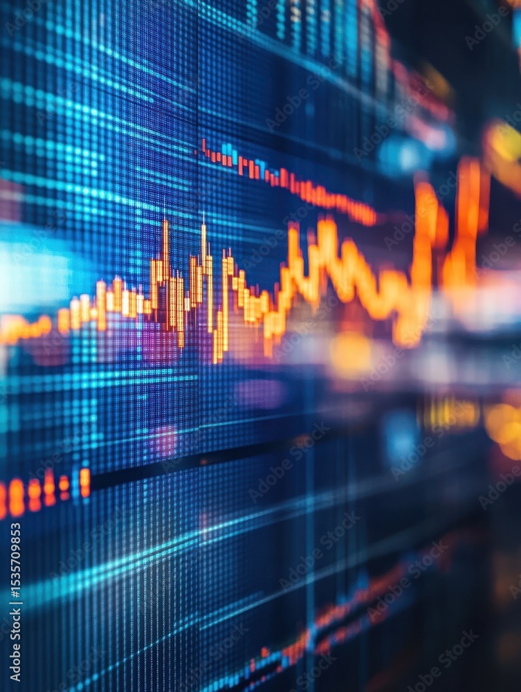 Poster close-up view of a financial data chart showing market analytics and stock trading trends with a blu