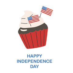 Independence day celebration with cupcake and american flags.