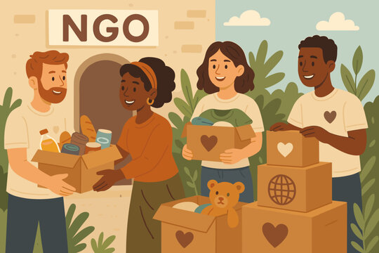 Humanitarian aid volunteers at NGO giving donation boxes with food, clothes and toys. Diverse people community helping for charity. Social support, care, generosity concept vector. - Powered by Adobe