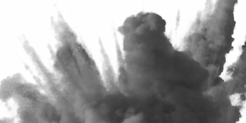 Sand flying explosion on a white transparent background. Disaster, Explosion smoke plume, black and white photography. Black smoke billowing against a white backdrop.