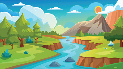 Animated Cartoon Landscape River Flowing Through Mountains, Trees, and Sunny Sky Illustration