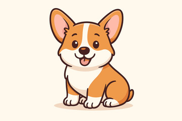 Cute Corgi cartoon illustration. Adorable Welsh Corgi puppy character sitting with a happy, smiling face. Kawaii dog mascot for pet store, veterinary, or children's branding.