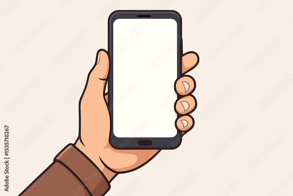 Poster hand holding smartphone with blank white screen. vector cartoon illustration of a mobile phone mocku