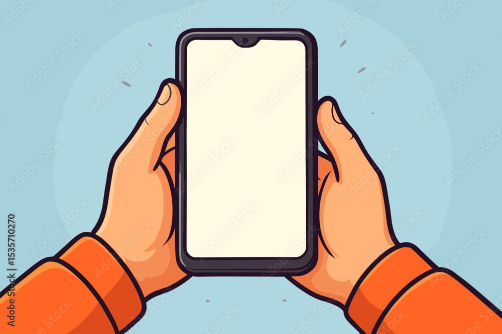 Poster cartoon hands holding smartphone with blank white screen. mobile phone mockup template for app desig