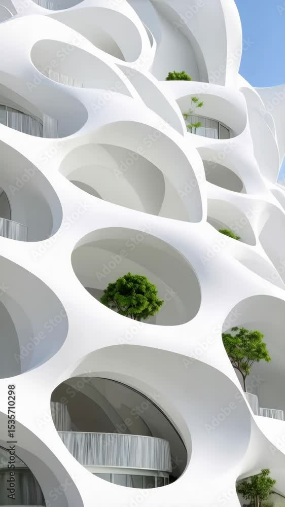 Poster abstract architectural design of a modern building featuring organic, curving white walls and green 