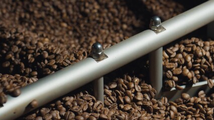 Coffee beans moving along processing line in
