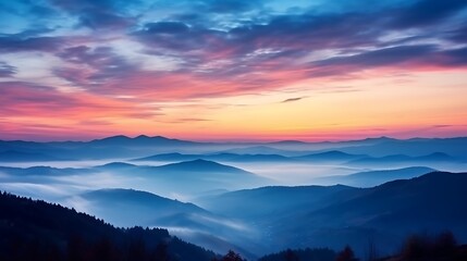 Obraz premium A colorful sky at sunrise over the Carpathians, deep reds and pinks blending into soft blue, mountain silhouettes dark and bold, faint layers of morning fog adding depth to the scene.