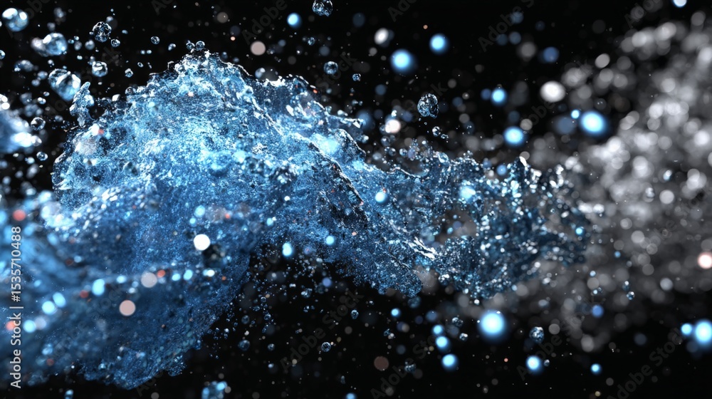 Poster dynamic splash of water with droplets and bubbles in motion against a dark background