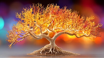 Artistic miniature tree with vibrant orange and yellow branches against a blurred colorful background