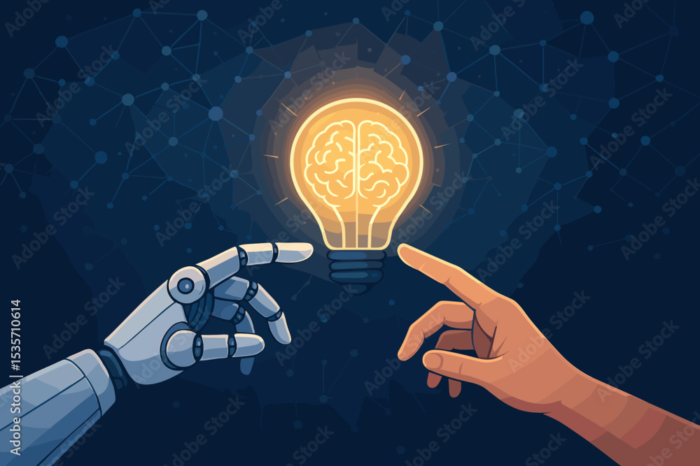 Poster synergy between human and artificial intelligence. robot and man hands pointing to a light bulb with