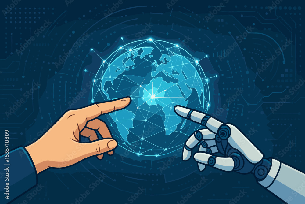 Poster artificial intelligence and human collaboration concept. robot and human hands connecting over a dig