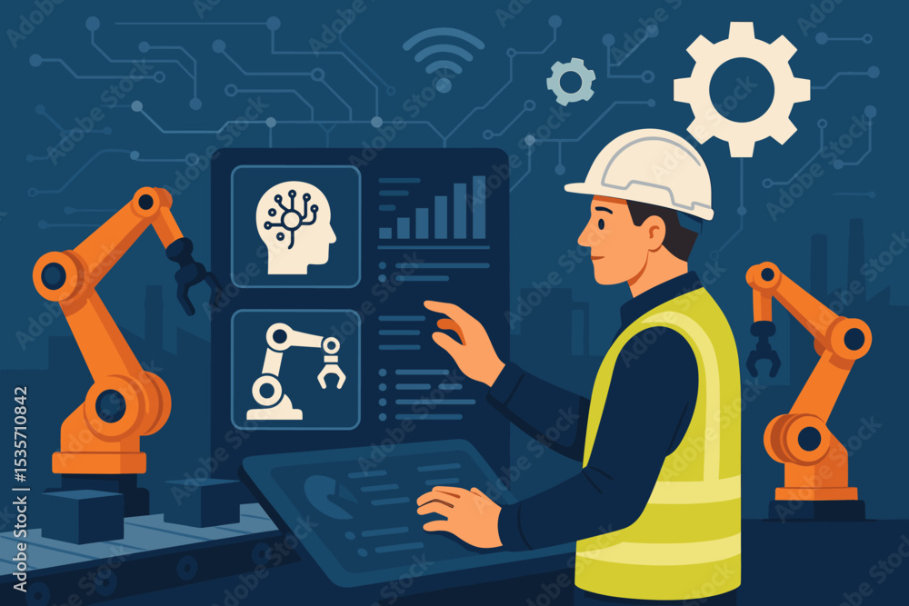 Poster smart factory illustration of industry 4.0. engineer operating control panel with ai interface to ma