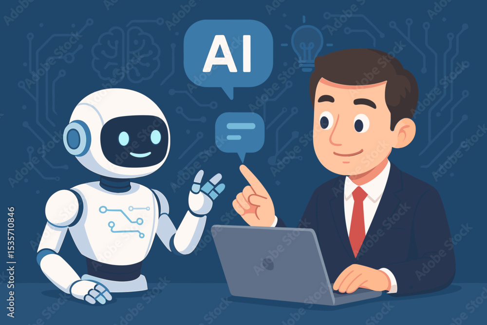 Poster businessman interacting with an ai robot. human and artificial intelligence collaboration concept. c