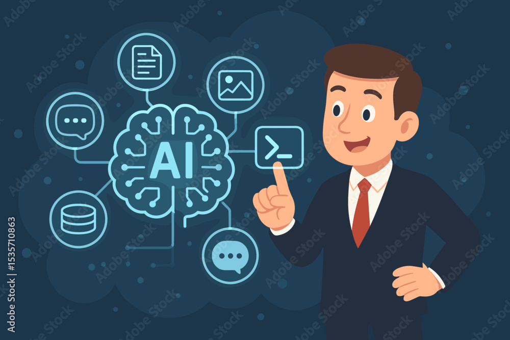 Aufkleber businessman presenting artificial intelligence solutions on a digital interface. ai brain concept fo