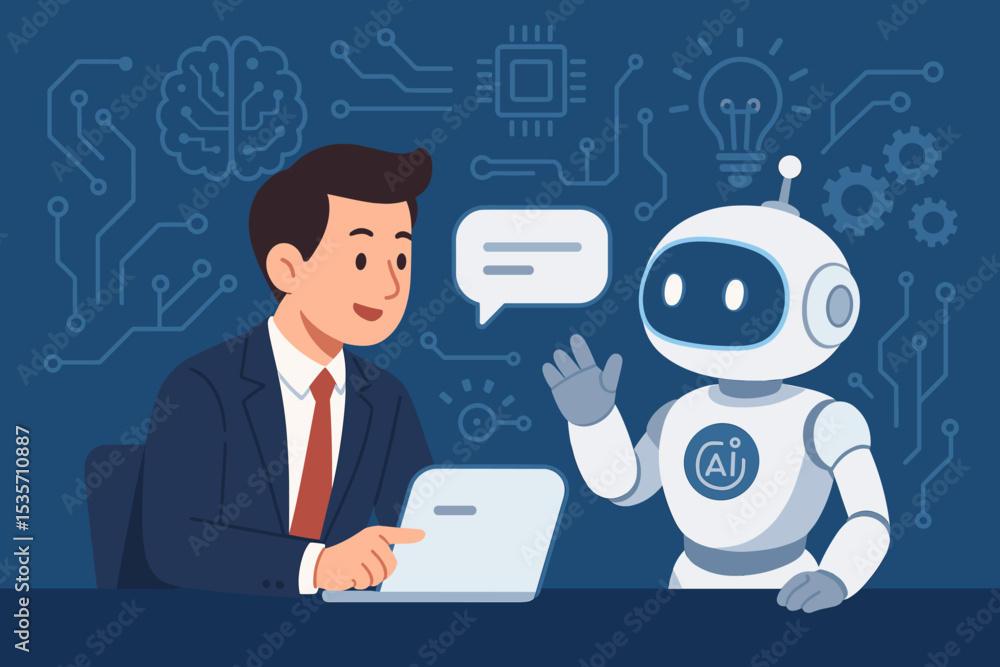 Poster ai robot assistant helping a businessman working on a laptop. future technology concept with artific