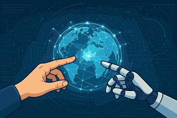 Artificial intelligence and human collaboration concept. Robot and human hands connecting over a digital Earth globe. Global network, communication technology, future innovation, synergy.
