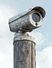 Fototapeta premium Modern surveillance camera mounted on wooden post, outdoor security