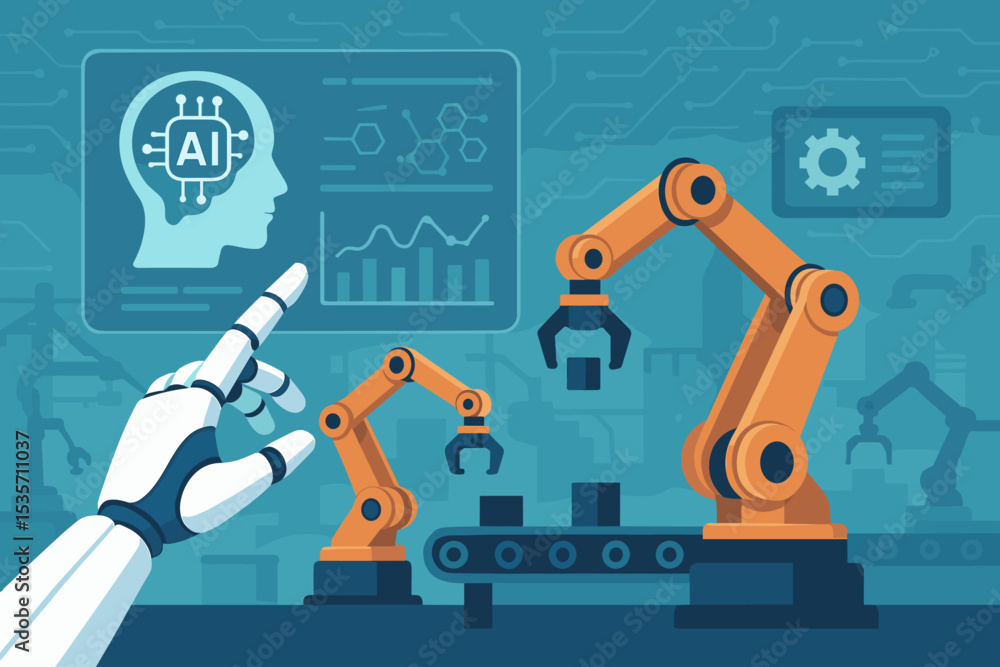 Poster ai driven smart factory concept with robot arm and conveyor belt. industry 4.0 automation technology