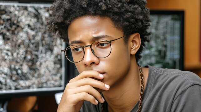 Thoughtful young man with glasses deep in concentration indoors