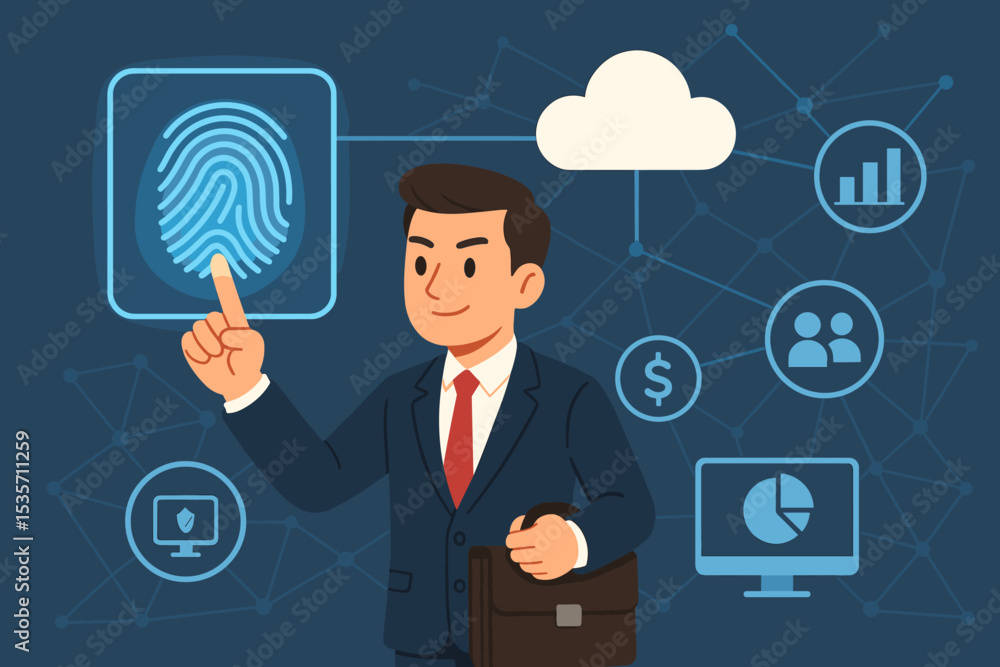 Poster businessman using biometric fingerprint scanner for cyber security and secure data access. concept o