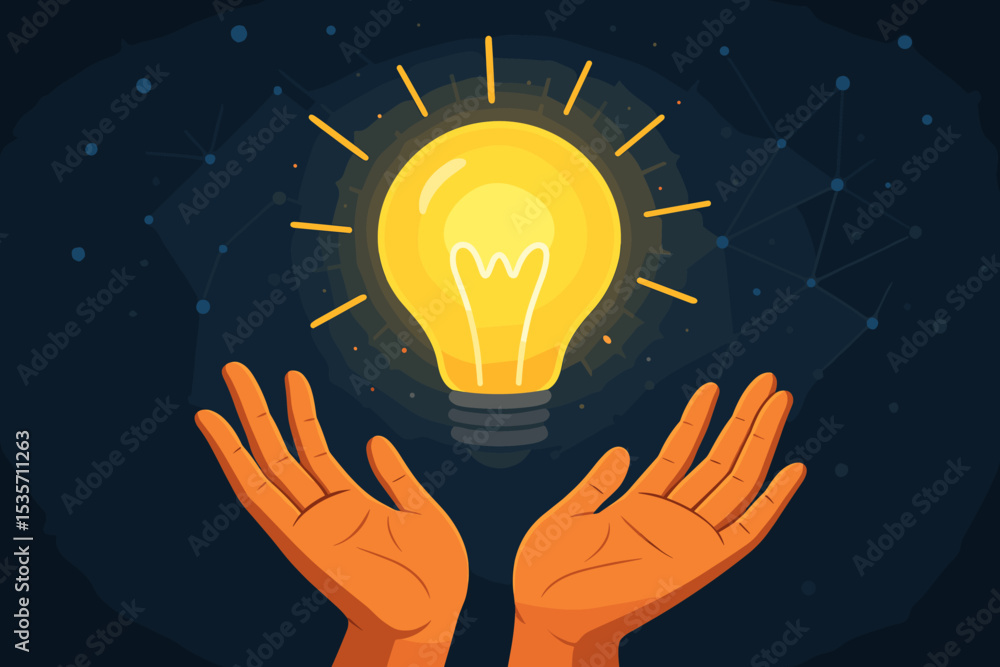 Poster brilliant idea concept with hands holding a glowing light bulb. symbol of innovation, creativity, an