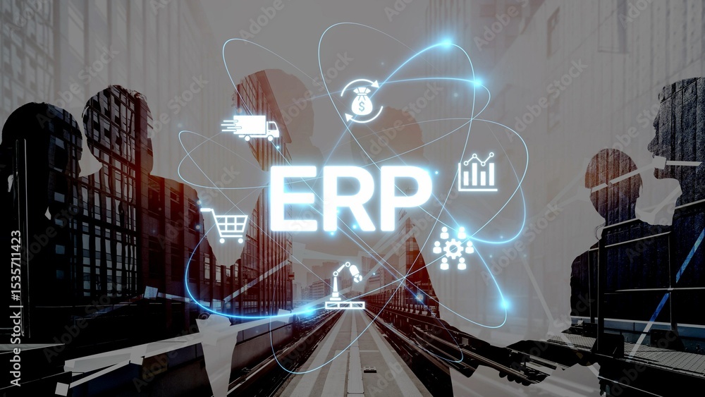 Poster erp platform visual showing centralized system for enterprise resource planning, improving integrati