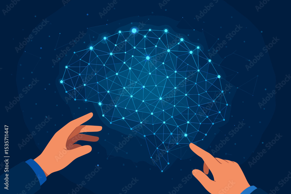 Poster artificial intelligence concept with hands interacting with a digital brain. neural network for mach