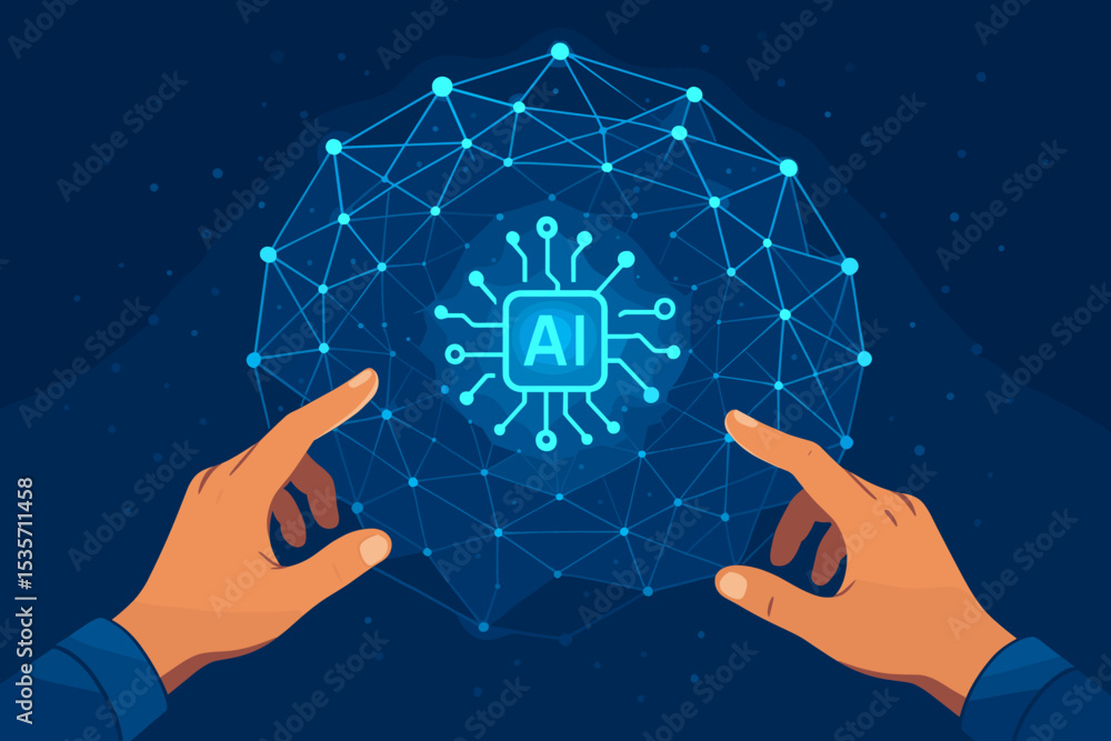 Poster artificial intelligence ai concept. human hand touching glowing neural network. digital transformati