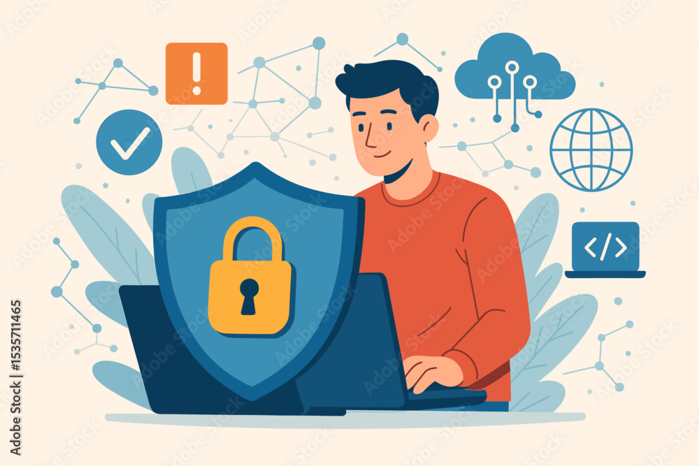 Poster cybersecurity concept illustration with man at laptop. data protection, privacy and internet securit